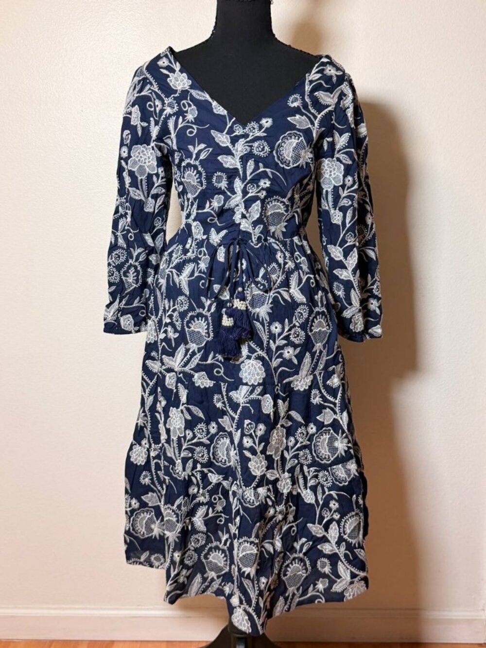 Soft Surroundings 100% Cotton Navy Embroidered Floral Midi Dress Boho